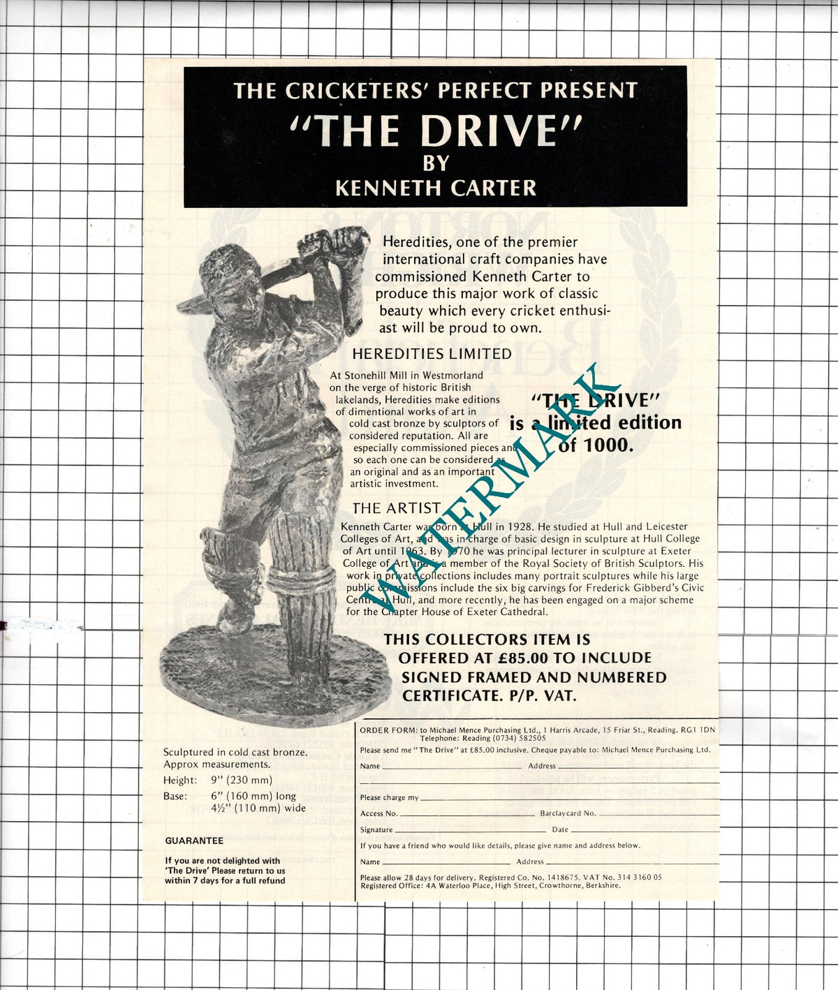 ADVERT ONLY! Kenneth Carter Sculptor Hull The Drive Cricket - 1980 ADVERT