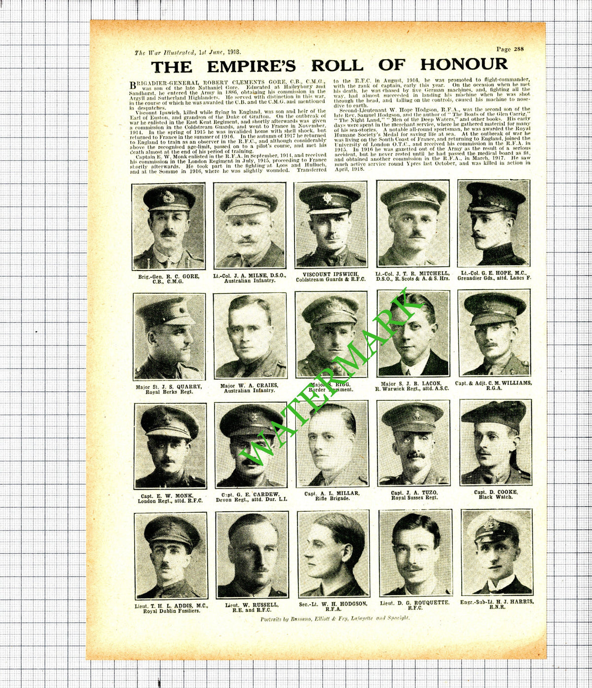 Robert Clements Gore W Hope Hodgson RFA Rouquette Lacon Addis WW1- 1918 Cutting