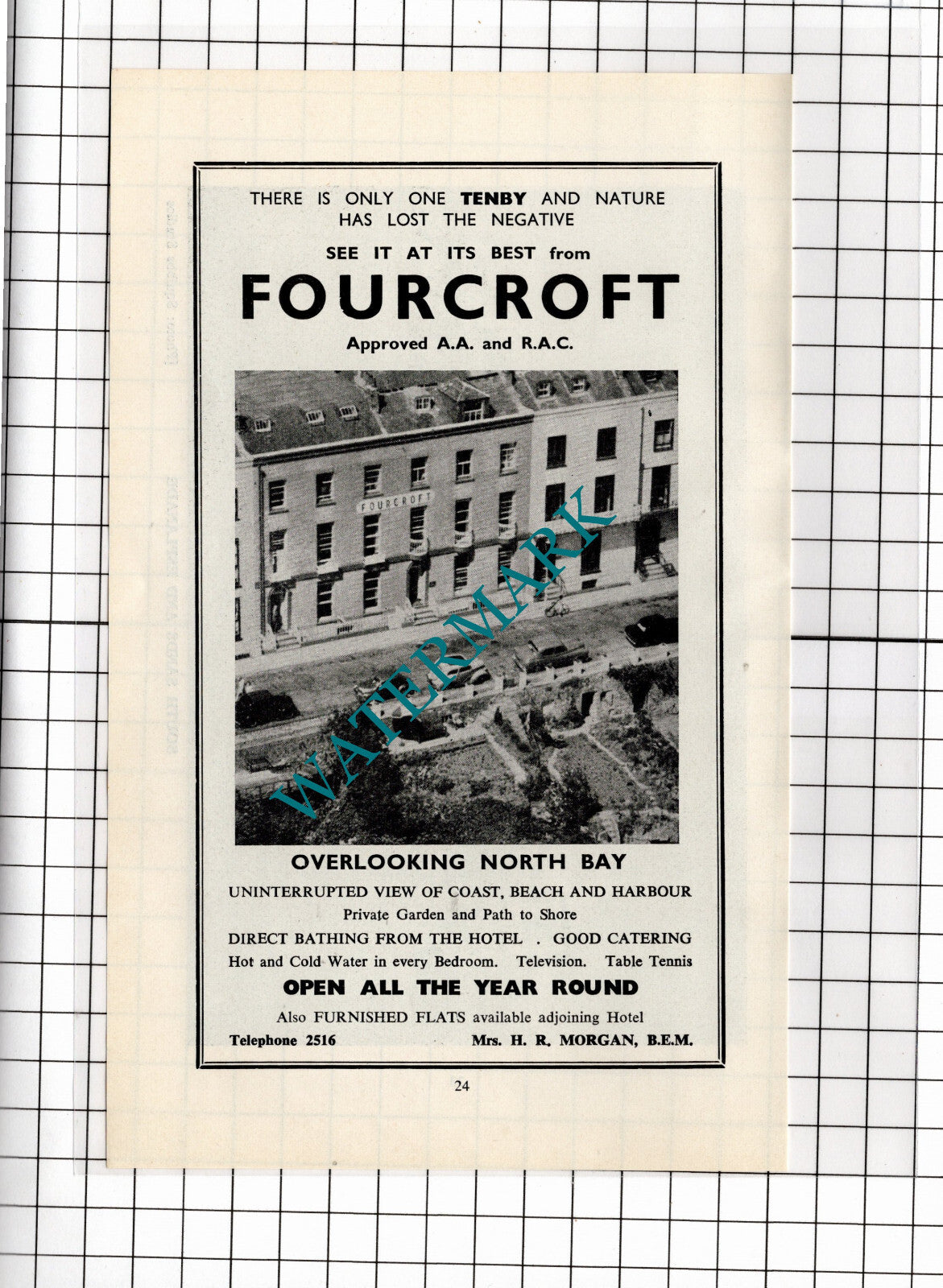 Fourcroft Hotel Tenby Wales  Mrs H R Morgan ADVERT - 1962 Clipping