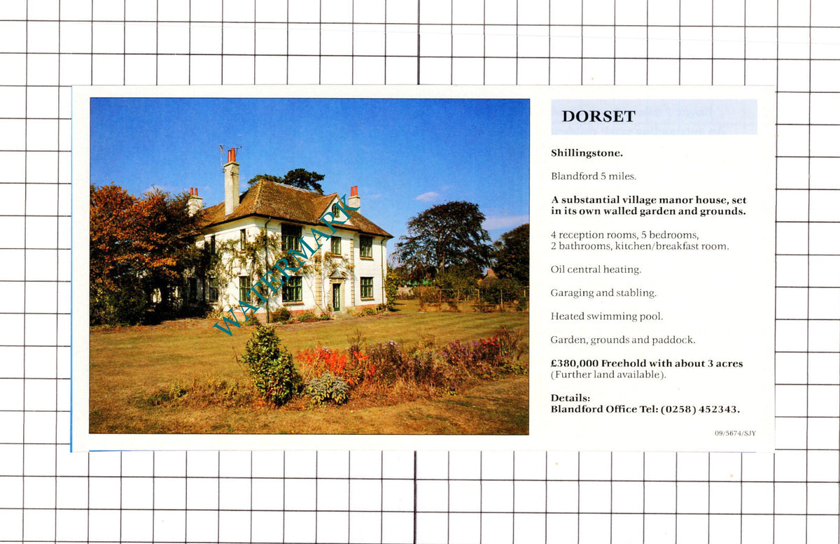 Shillingstone Dorset Manor House Sale Advert - 1991 Clipping / Print
