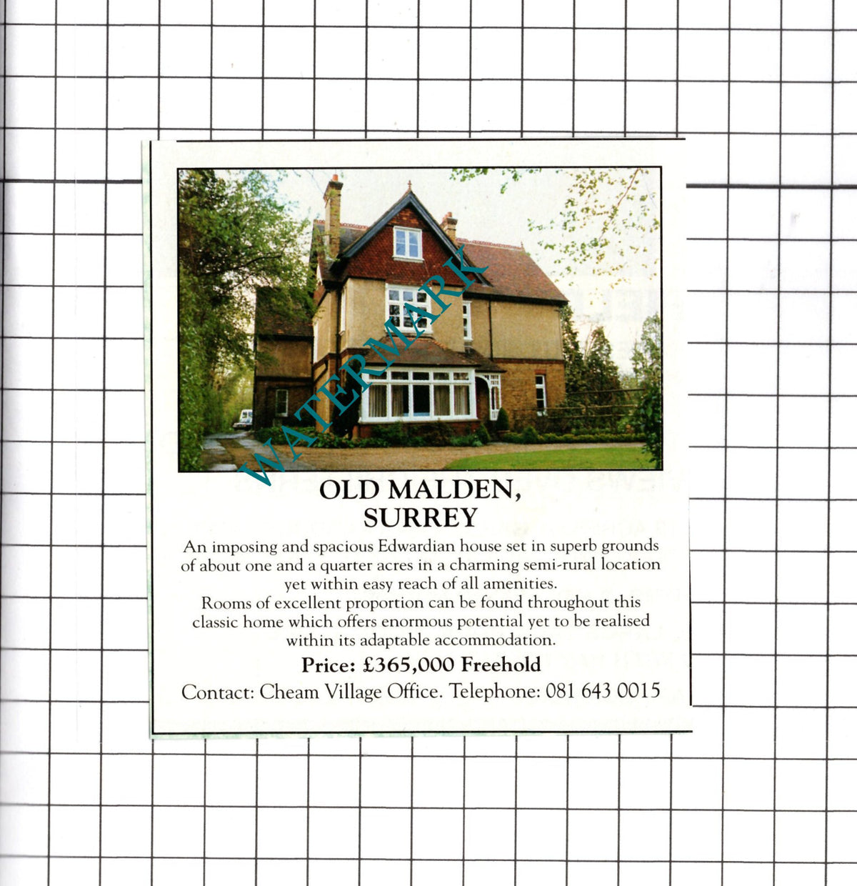Old Malden Surrey House Sale Advert - 1991 Cutting
