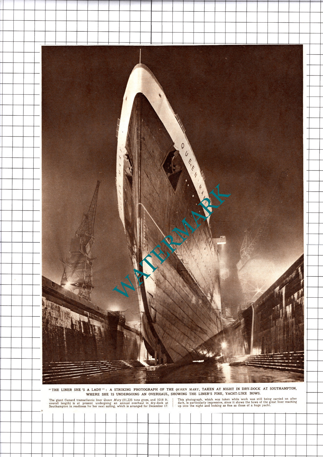 The QUEEN MARY Cunard Liner Ship Southampton  - 1953 Cutting / Print
