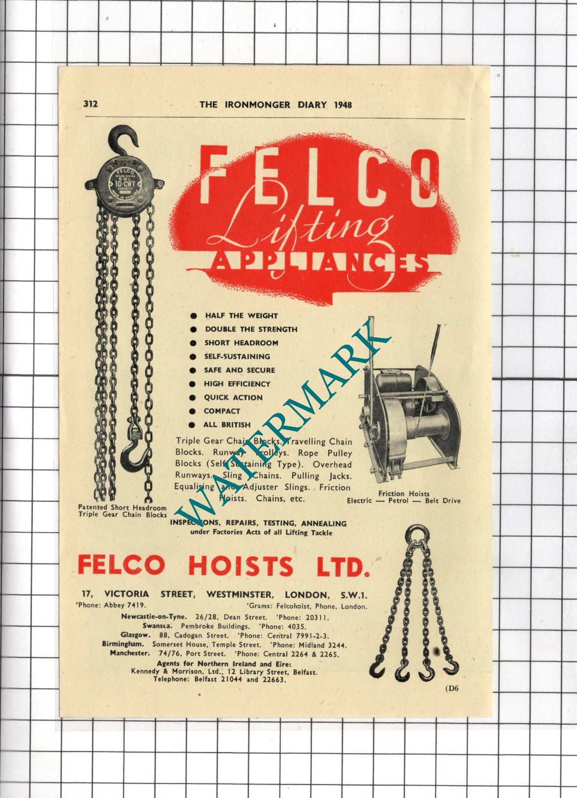 Felco Hoists Ltd Westminster London  - 1948 Small Advert