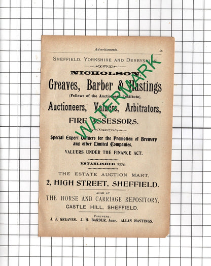 Nicholson Greaves Barber & Hastings Sheffield / Cowan & Sons - c1902 Advert