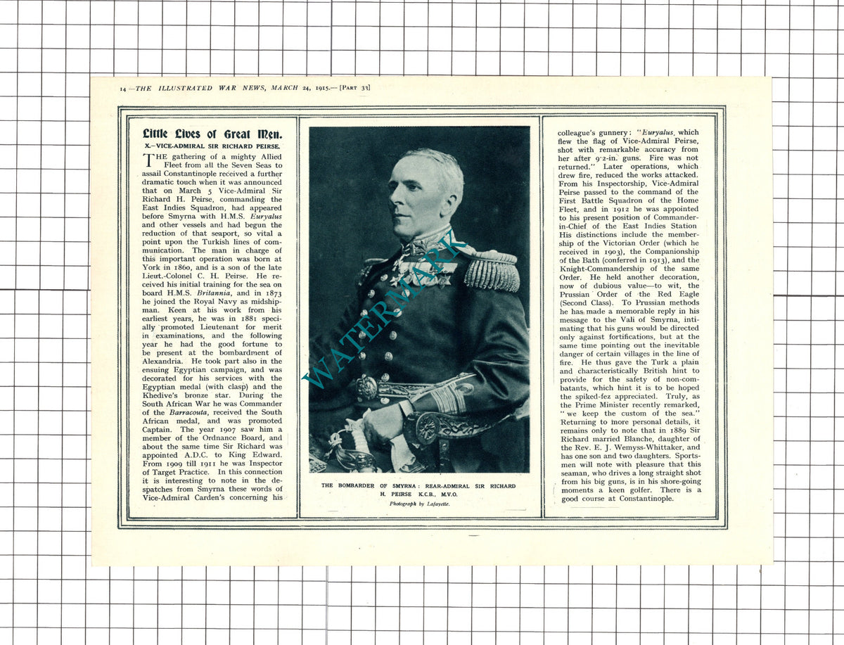 Vice Admiral Sir Richard Peirse WW1 Great War -  1915 Clipping / Print