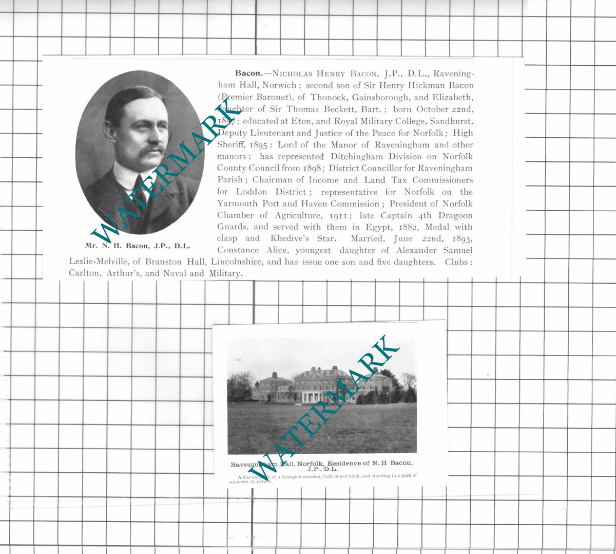 Nicholas Henry Bacon Raveningham Hall Norwich - 1911 2-Part Clipping