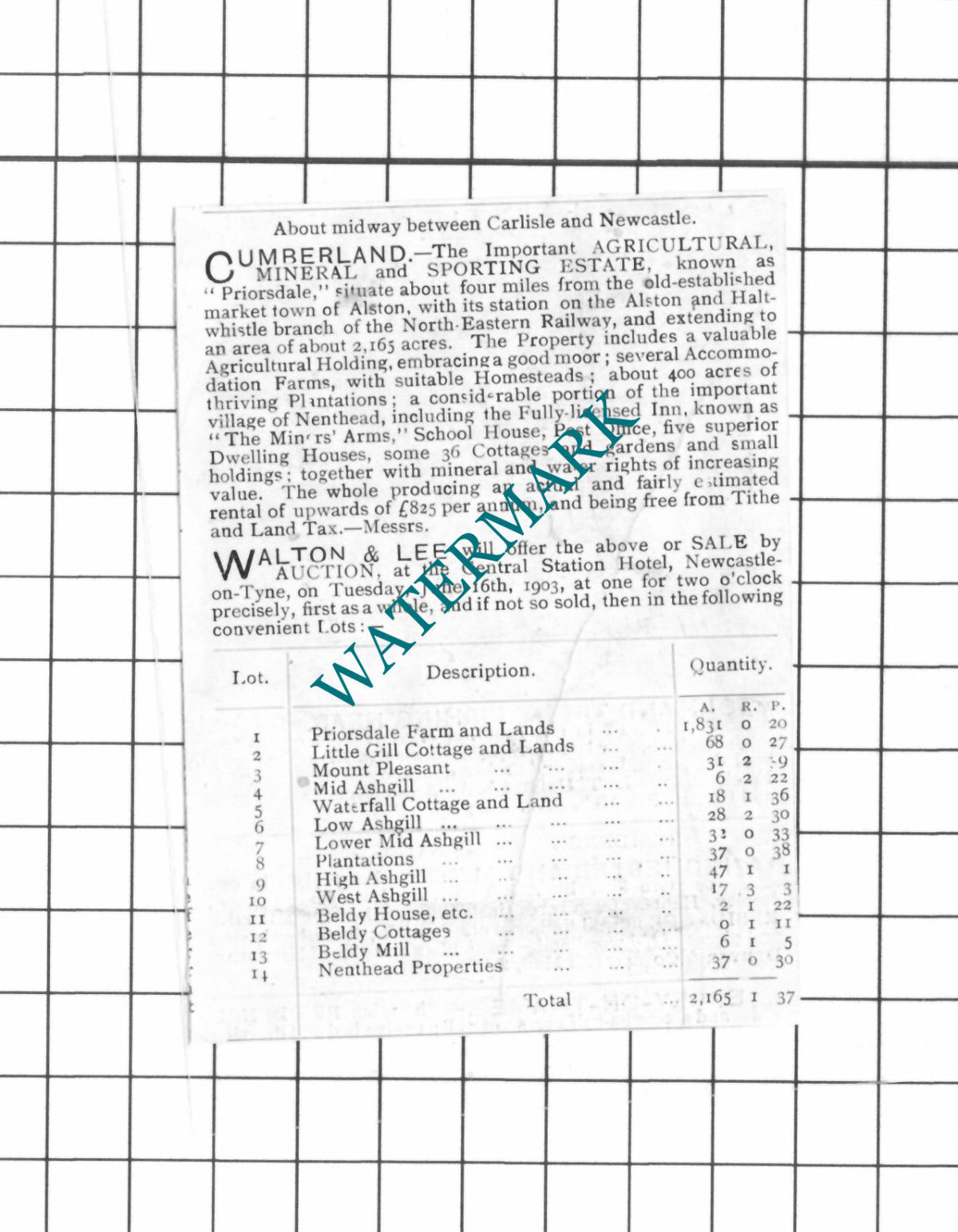 Priorsdale Alston Cumberland  Sale Advert - 1903 SMALL Clipping
