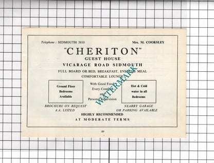 Wyndham House Hotel Sidmouth Devon Foyle / Cheriton Guest Cooksley - 1968 ADVERT
