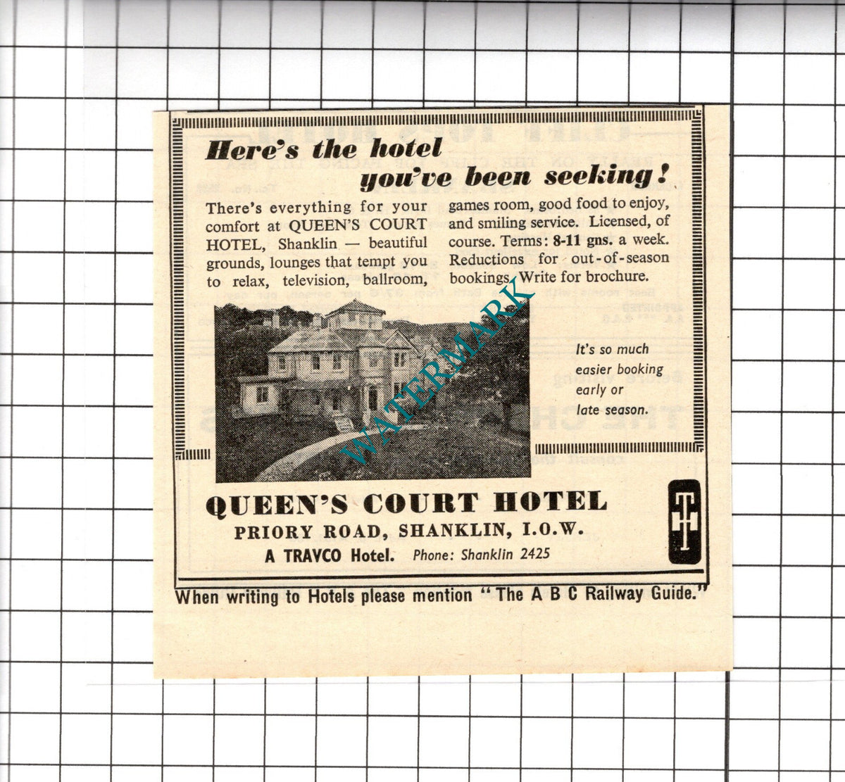 Queen's Court Hotel Shanklin Isle Of Wight Small Advert  - 1958 Cutting