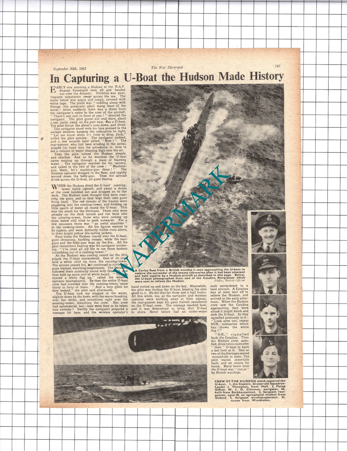 Hudson RAF Coastal Command Captured U-Boat Coleman  - 1941 Clipping / Print