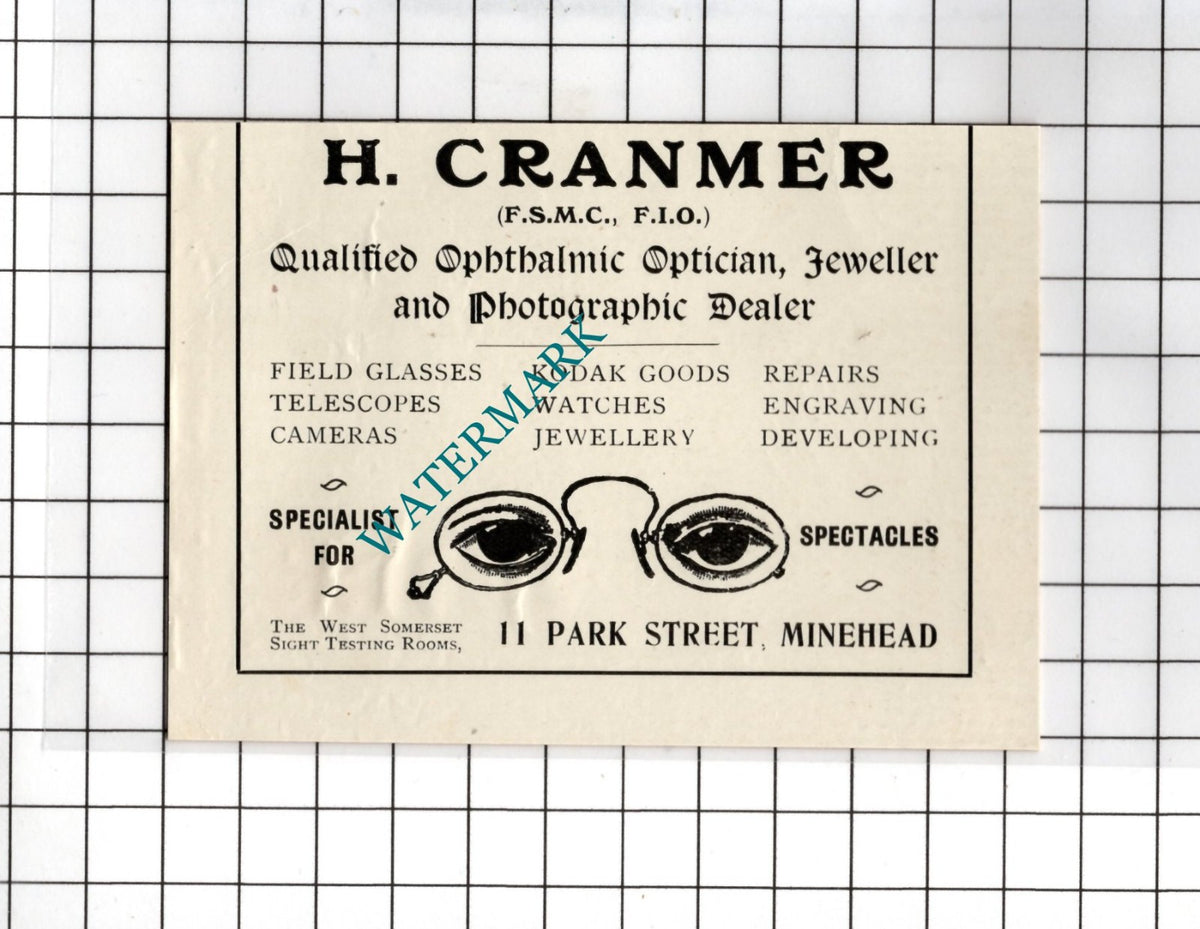 H Cranmer Optician 11 Park Street Minehead Somerset   - c.1923 Small Advert