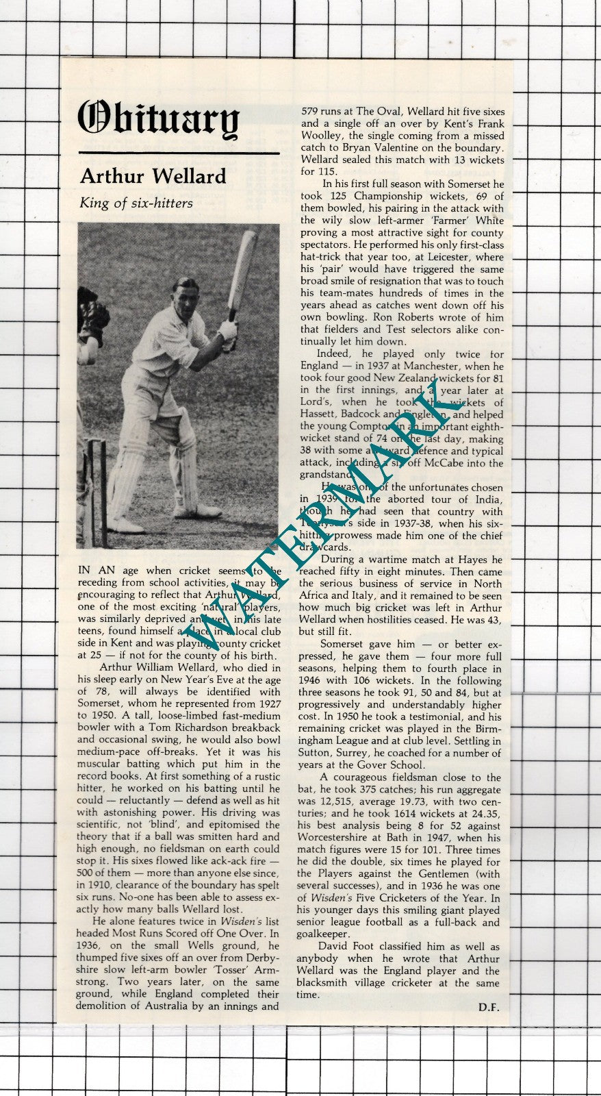 Arthur Wellard Cricketer Obituary - 1981 Clipping