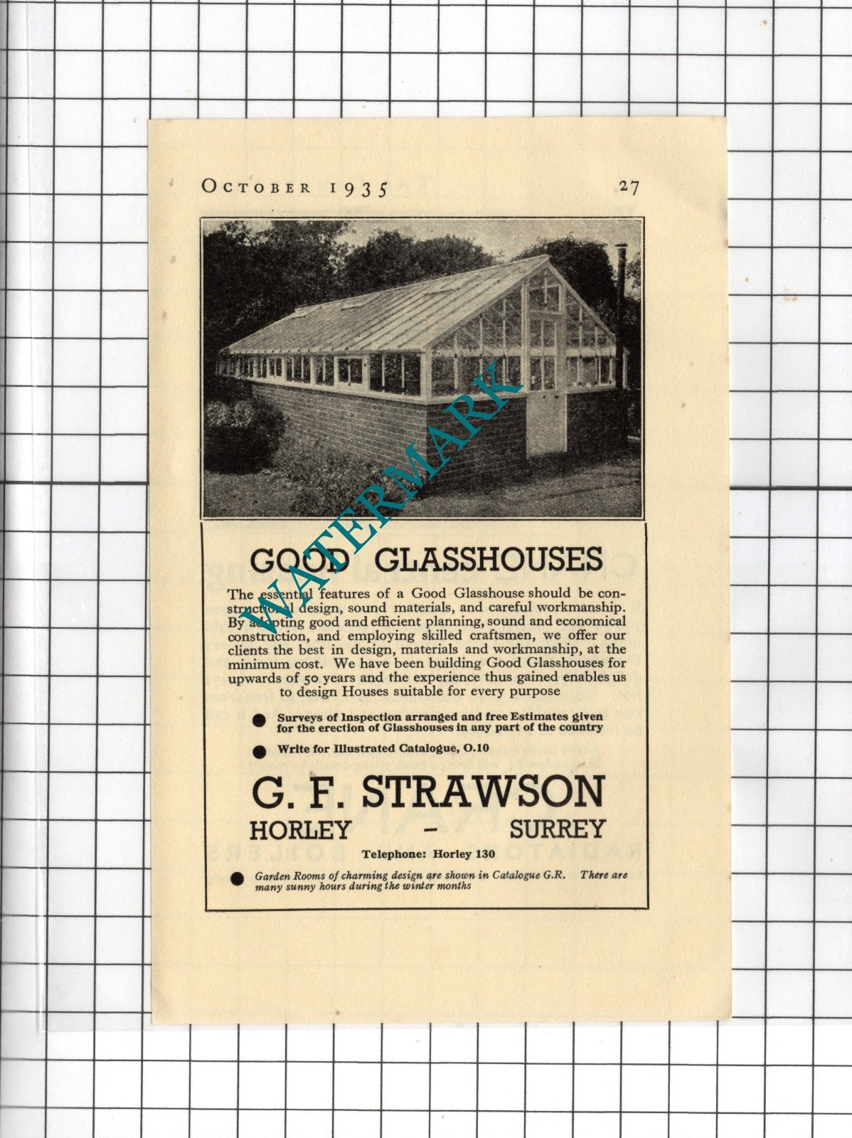 G F Strawson Horley Surrey  - 1935 Small Advert