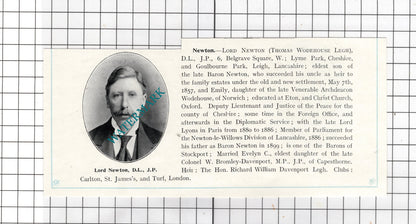 Lord Newton Thomas Wodehouse Legh / William Frederick Tollemache  c.1910 Cutting
