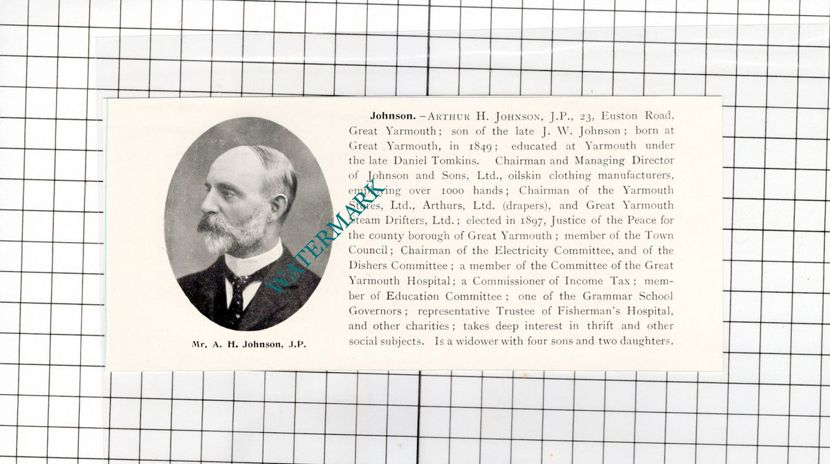 Arthur Johnson Great Yarmouth Norfolk Johnson & Sons Oilskins  - 1911 Clipping