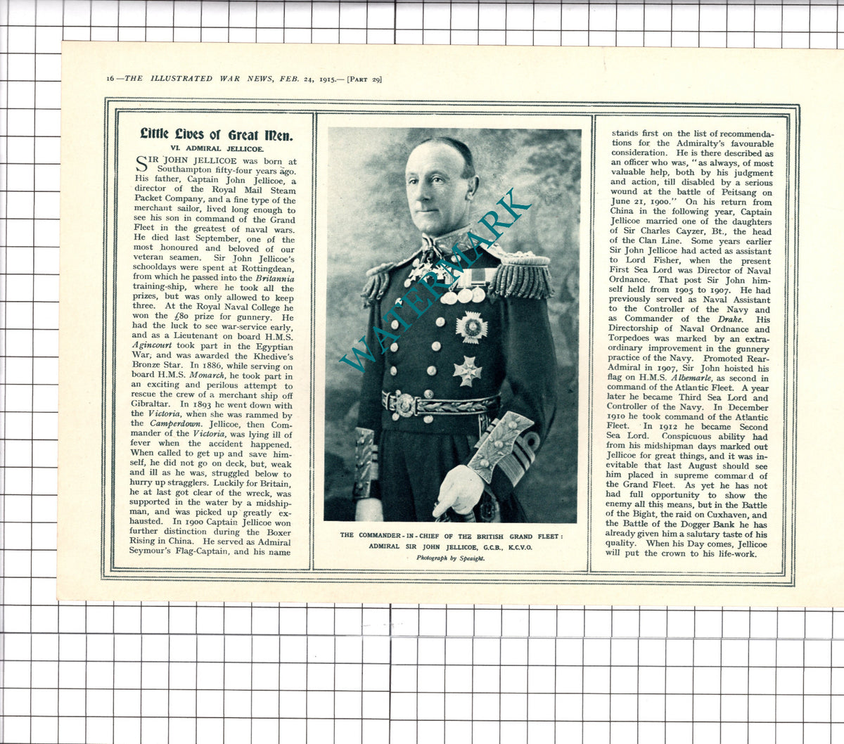 Admiral Sir John Jellicoe WW1 - 1915 Clipping / Print