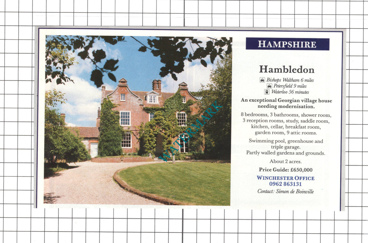 Hambledon Hampshire House Sale Advert - 1991 Clipping / Print
