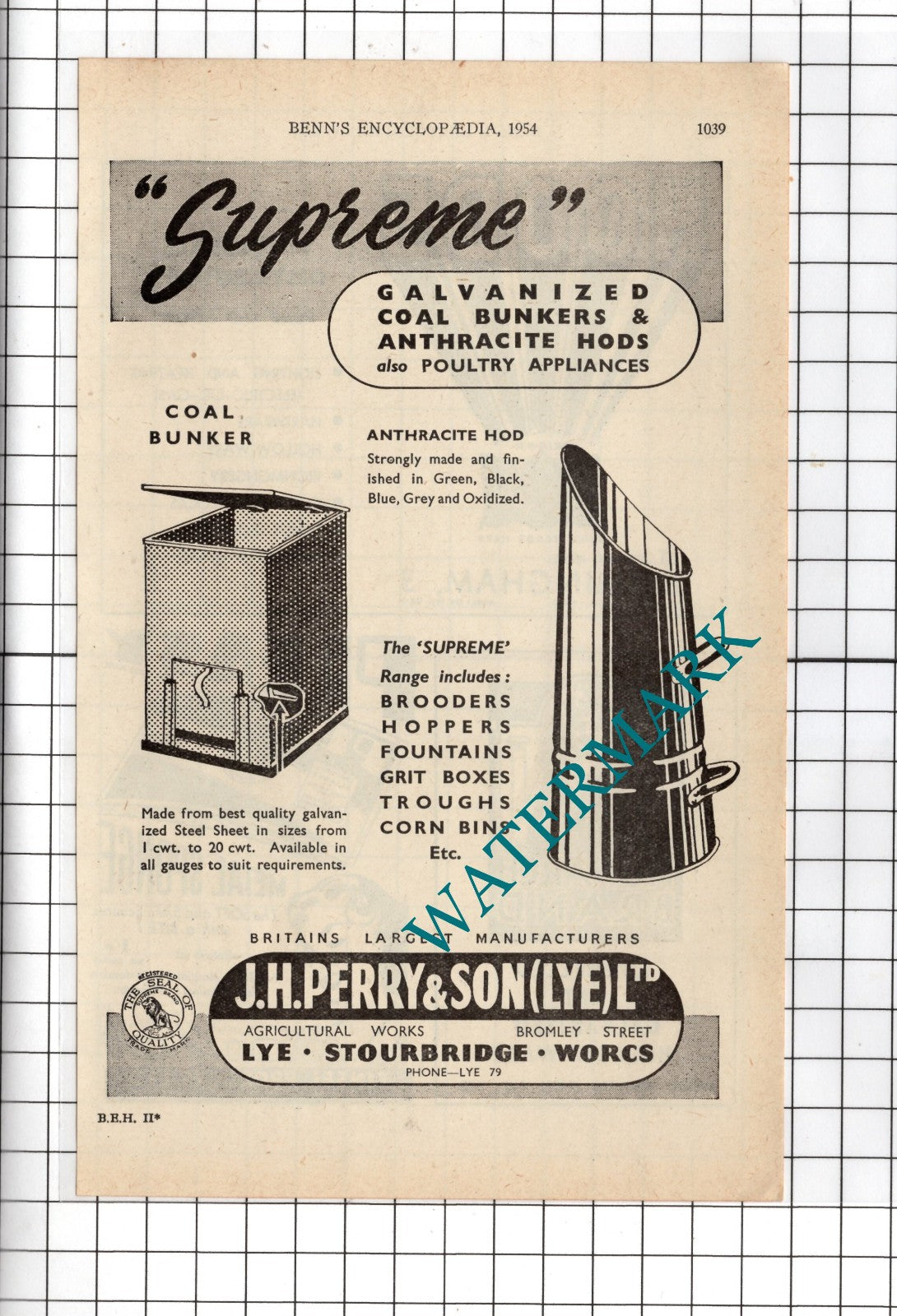 J H Perry & Son (Lye) Ltd Lye Stourbridge Worcester - 1954 Advert