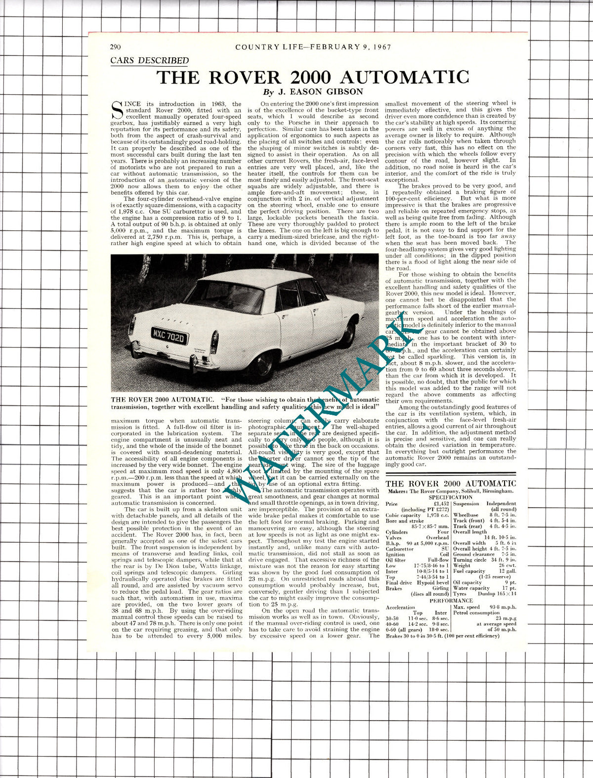 Rover 2000 Automatic Car Review -  1967 Article / Print