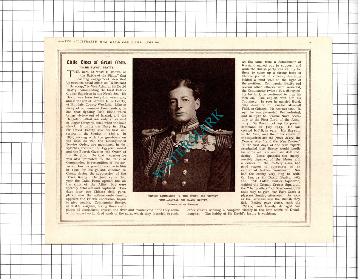 Vice Admiral Sir David Beatty - 1915 Clipping / Print