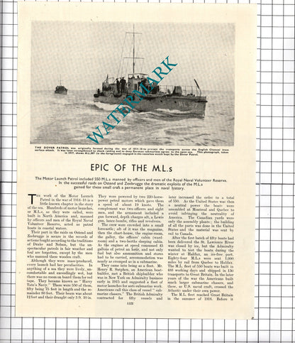The Motor Launch Patrol Dover Patrol   - c.1940's Article / Print