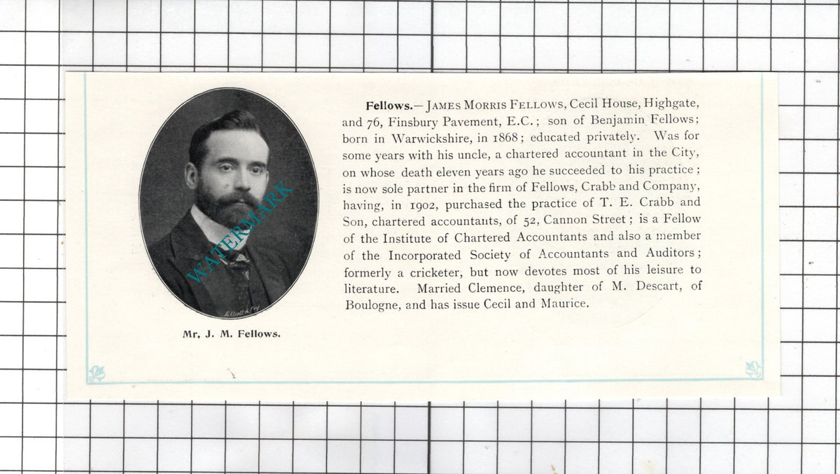 Mr James Morris Fellows Cecil House Highgate London - c.1905 Clipping