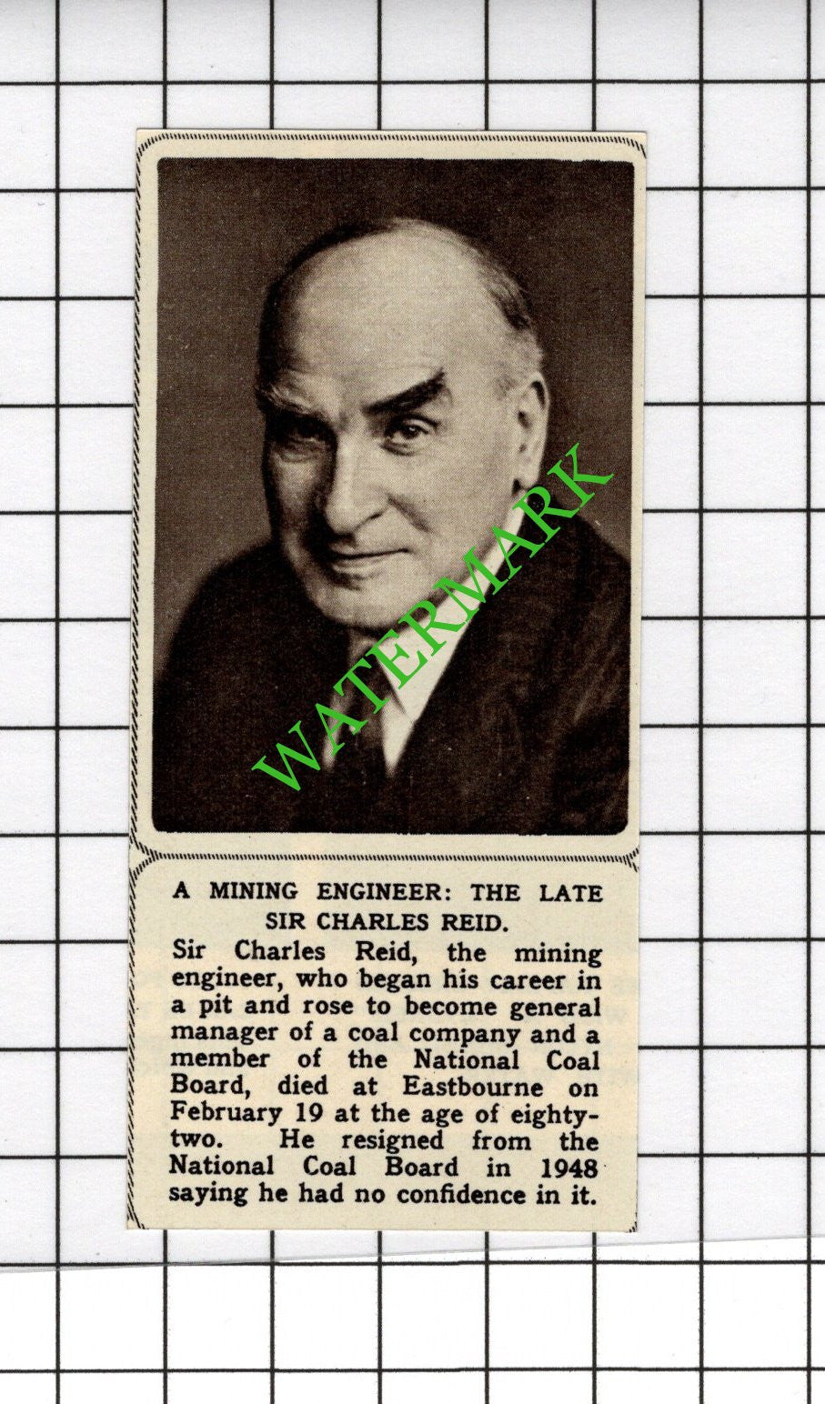 Sir Charles Reid National Coal Board Obituary   - 1961 SMALL Cutting