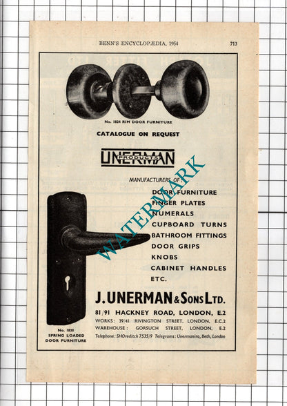 J Unerman & Sons Ltd London / Joseph Fitter Ltd Birmingham - 1954 Advert