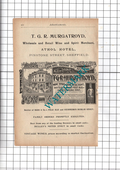 A Wilson Peck & Co Ltd Sheffield Pianos / TGR Murgatroyd Athol Hotel 1902 Advert