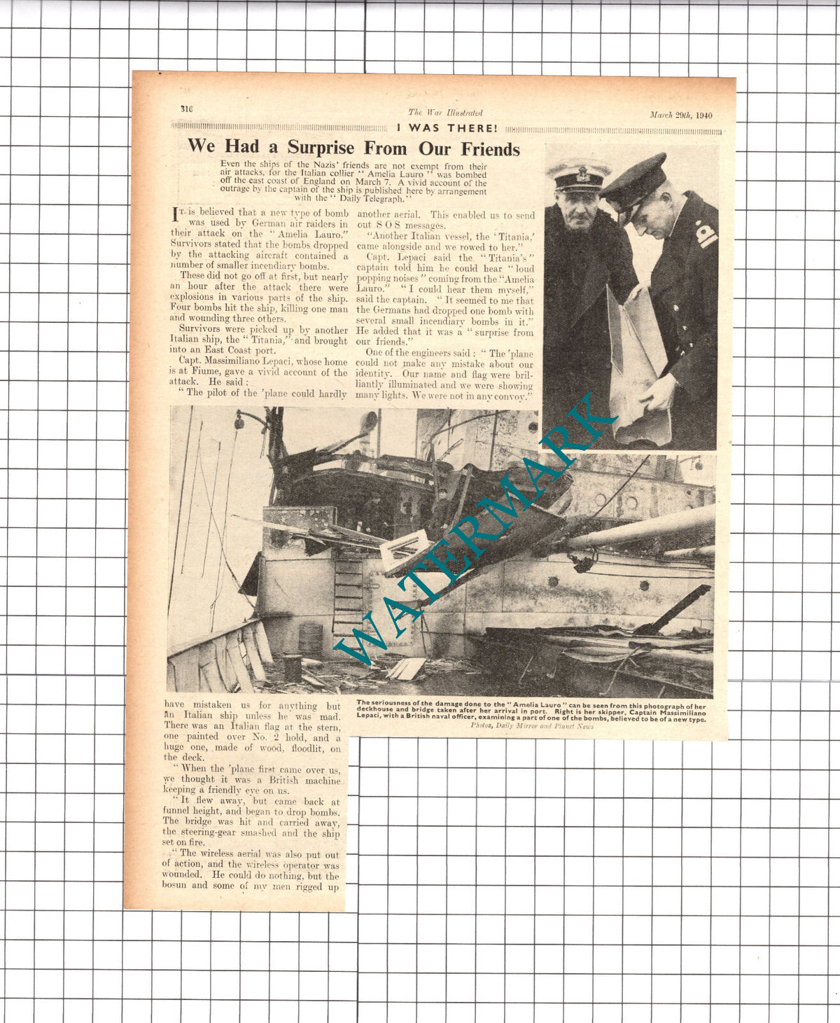 AMELIA LAURO Italian Ship Capt Massimiliano Lepaci WW2 - 1940 Clipping / Print