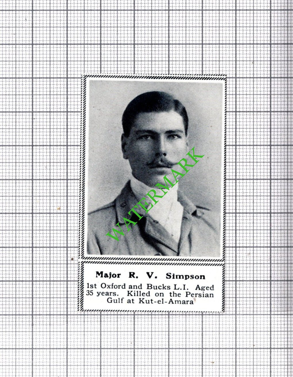 Major R V Simpson 1st Oxford and Bucks LI - c.1918 SMALL Cutting