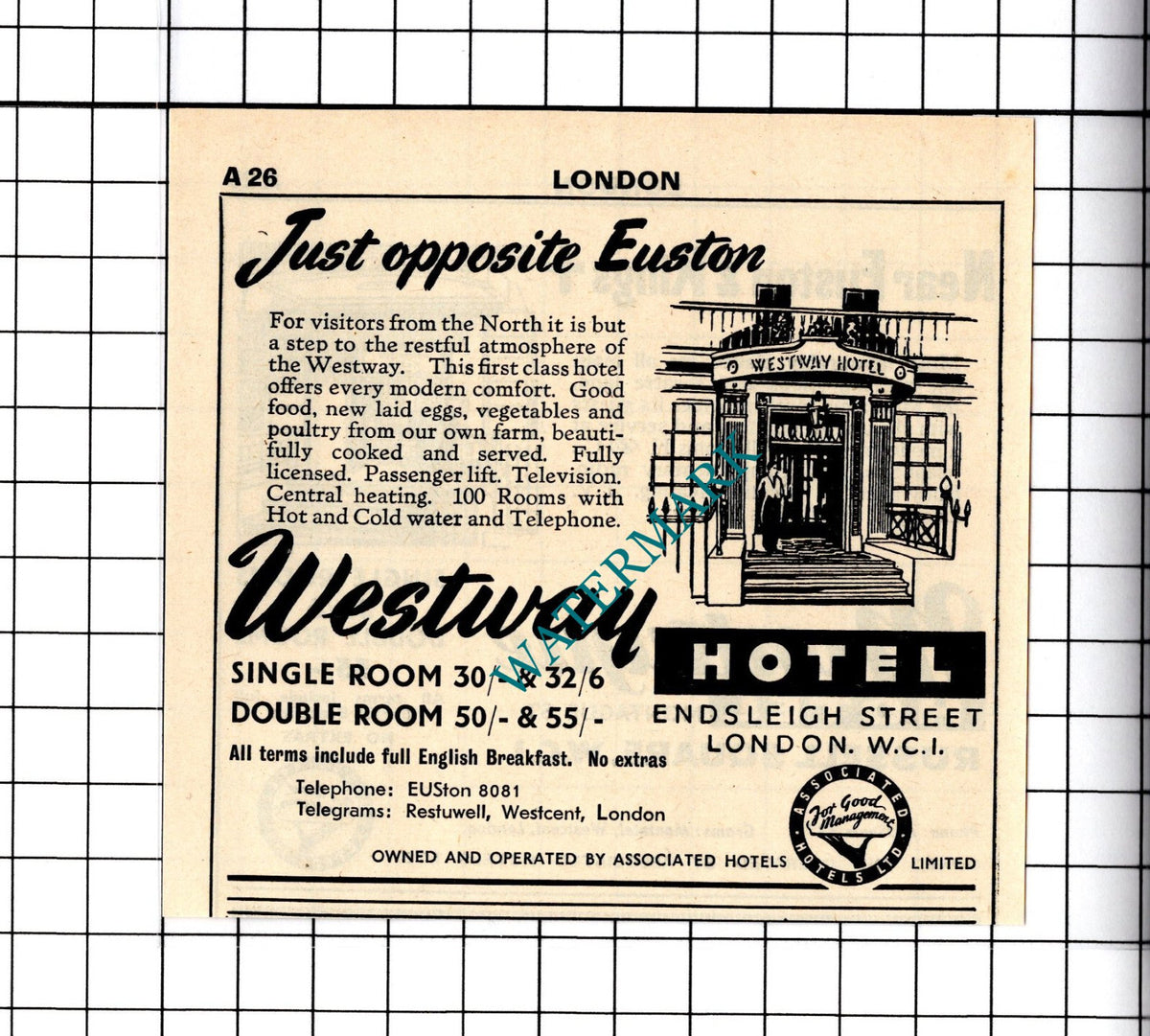 Westway Hotel London / Montague Hotel Russell Square Small Advert -1958 Cutting