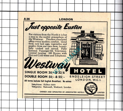 Westway Hotel London / Montague Hotel Russell Square Small Advert -1958 Cutting