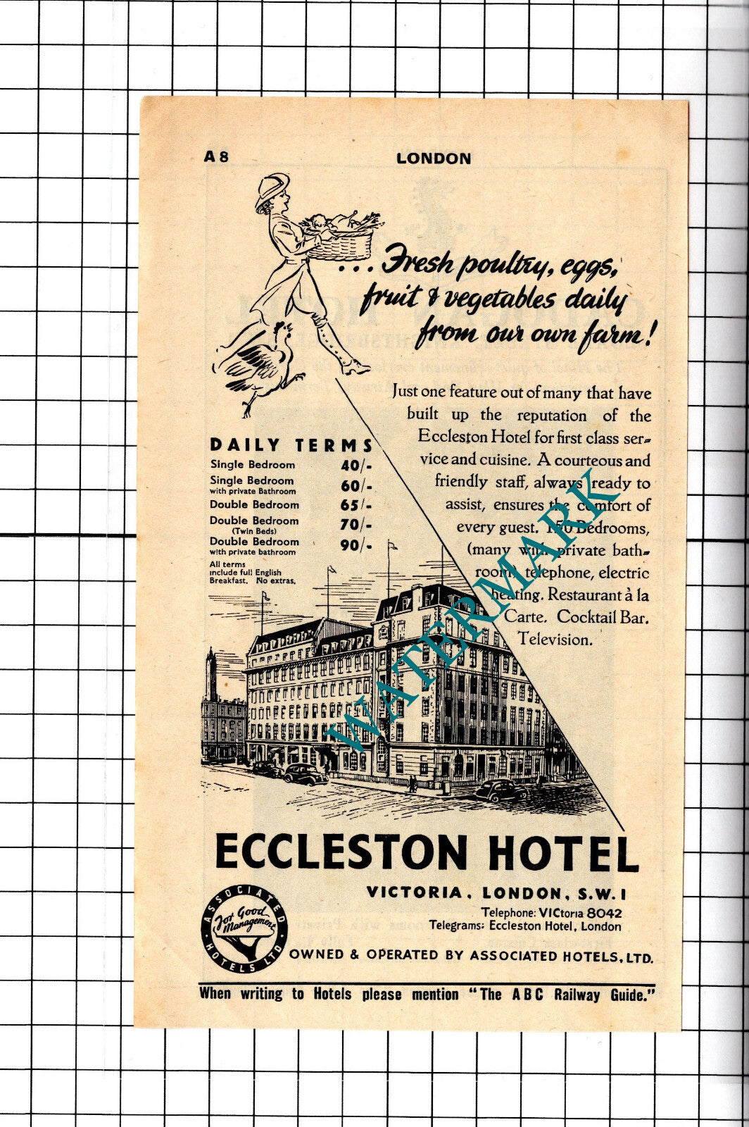 Eccleston Hotel Victoria London / Cadogan Hotel London Advert - 1958 Cutting