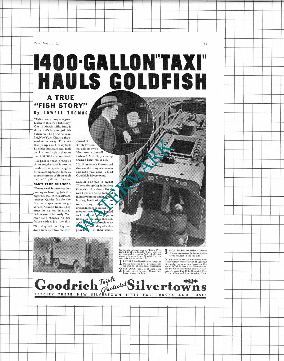 Grassyfork Fisheries Lowell Thomas Silvertown Tires Tyres  - 1937 Advert