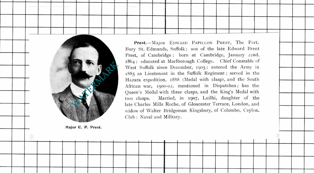 Major Edward Papillon Prest The Fort Bury St Edmunds Suffolk  - 1911 Clipping