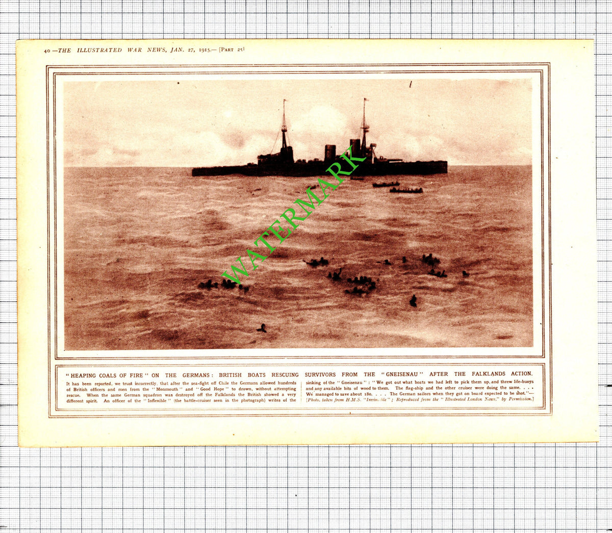 GNEISENAU Ship INFLEXIBLE Rescue World War One WW1 - 1915 Cutting