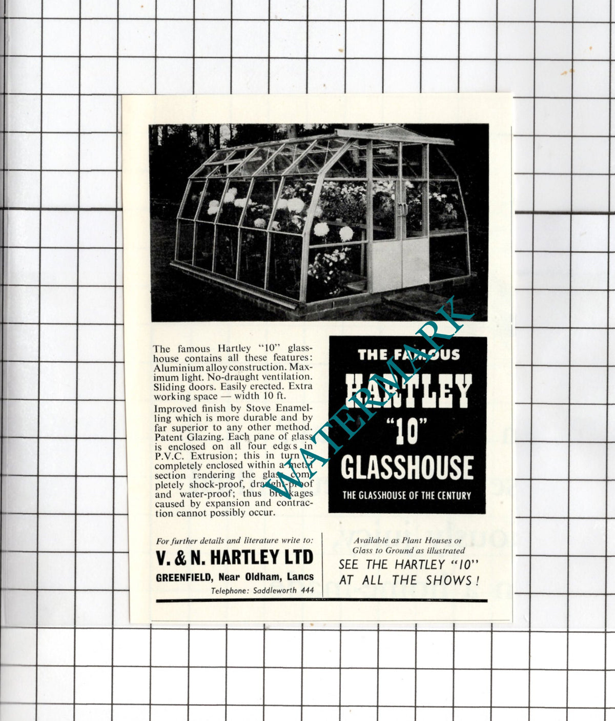 V & N Hartley Ltd  Greenfield Lancashire Glasshouse - 1957  Small Advert