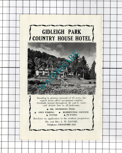 Gidleigh Park Hotel Chagford Devon LW Daniel / Gidleigh Castle -c.1940s Advert