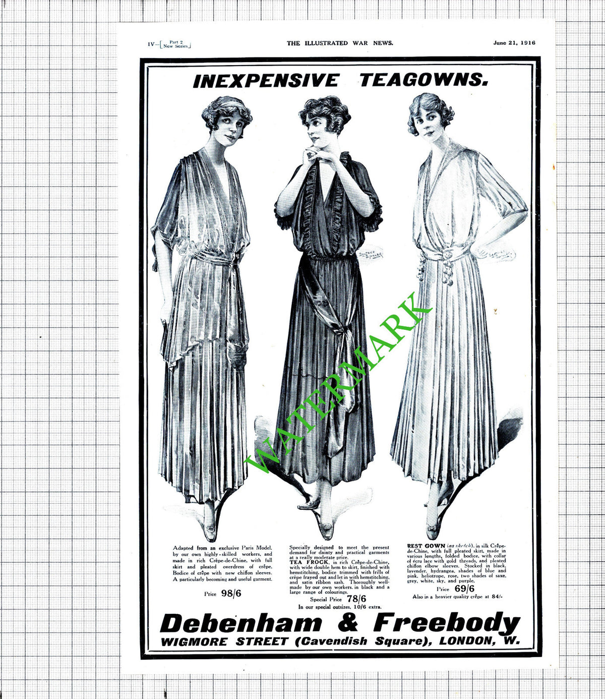 Debenham & Freebody London Tea Gown ADVERT WW1 Great War -  1916 Cutting