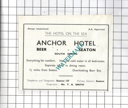 Anchor Hotel Beer Seaton Devon / Mareeba Hotel Seaton Pavey  c.1954 Small Advert