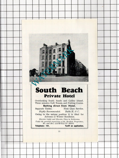 South Beach Hotel Tenby Wales Llewellyn Rees Belle Vue Tenby - 1936 Small Advert
