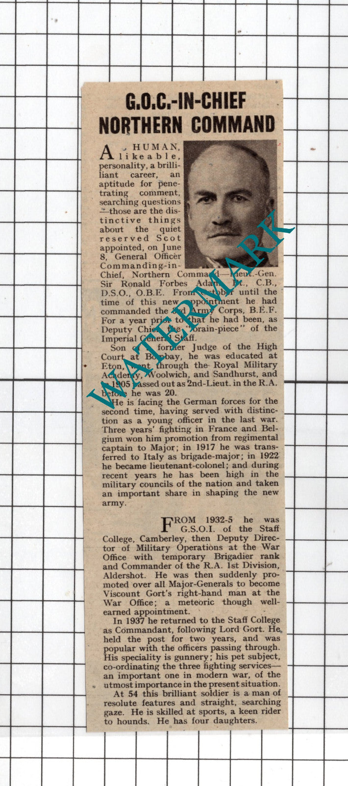 Lt Gen Sir Ronald Forbes Adam WW2 - 1940 News Clipping