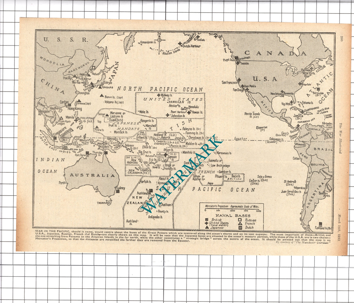 Map of Naval Bases Pacific Ocean  WW2  World War Two - 1941 Cutting / Print