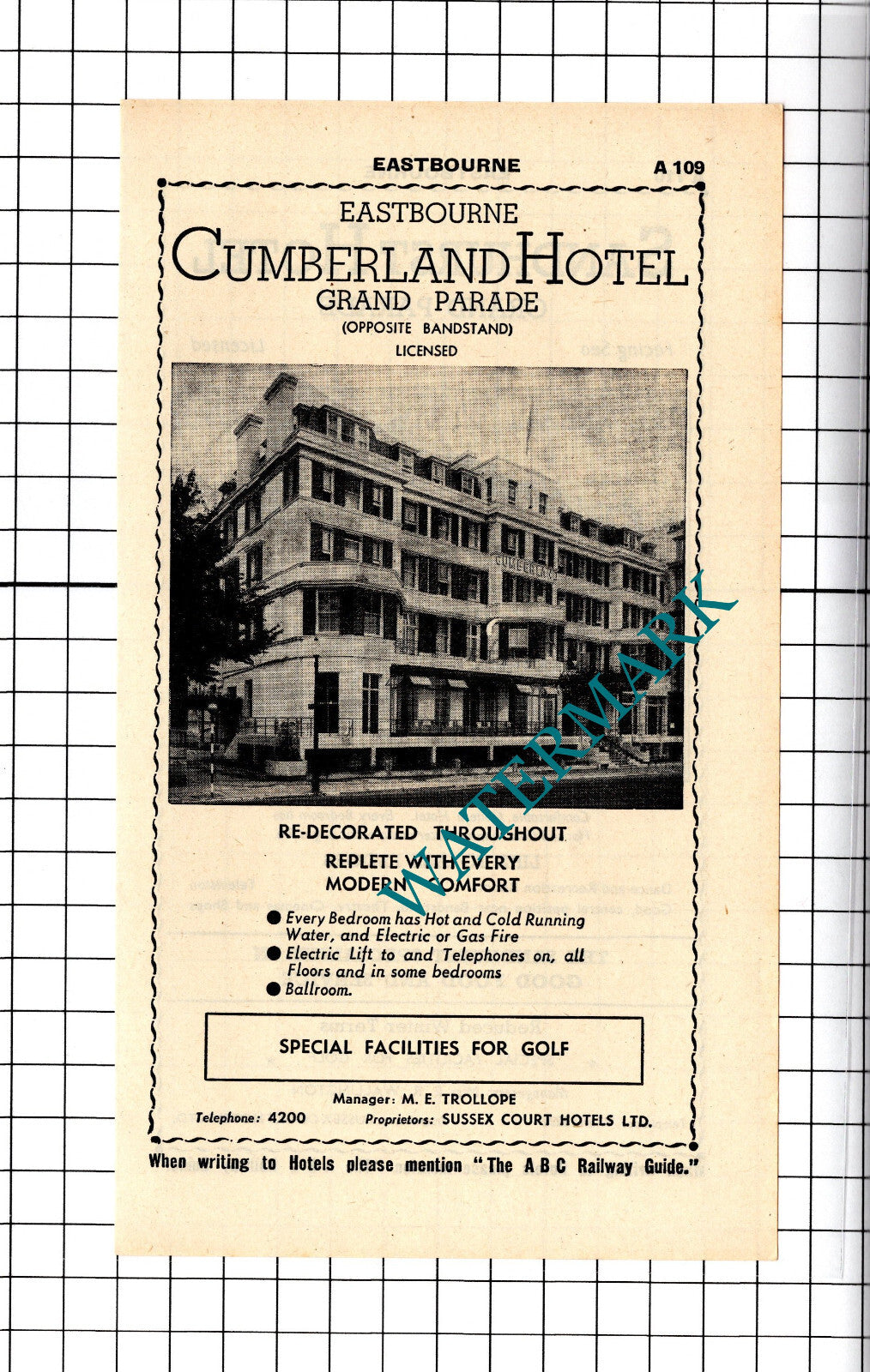 Sandhurst Hotel Eastbourne / Cumberland Hotel Trollope Advert - 1958 Cutting
