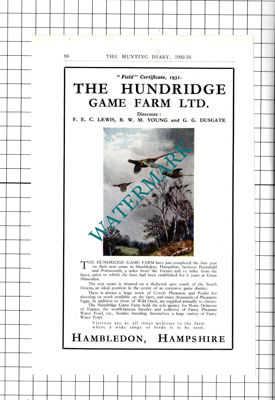 The Hundridge Game Farm Ltd Hambledon Hampshire Dusgate Lewis  - 1932 Advert
