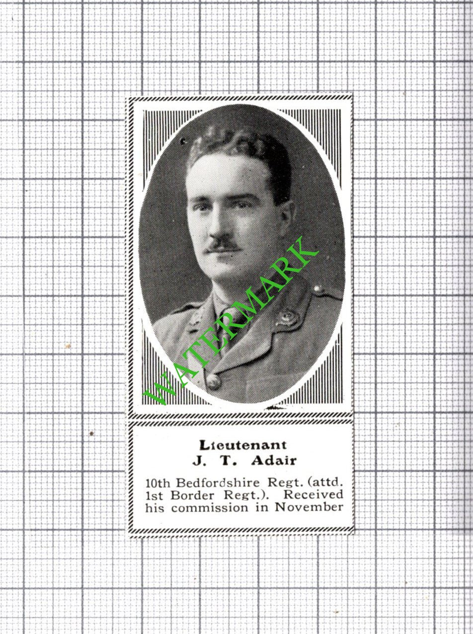 Lt J T Adair 10th Bedfordshire Regiment WW1  -c.1918 SMALL Cutting