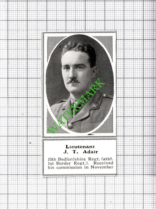 Lt J T Adair 10th Bedfordshire Regiment WW1  -c.1918 SMALL Cutting