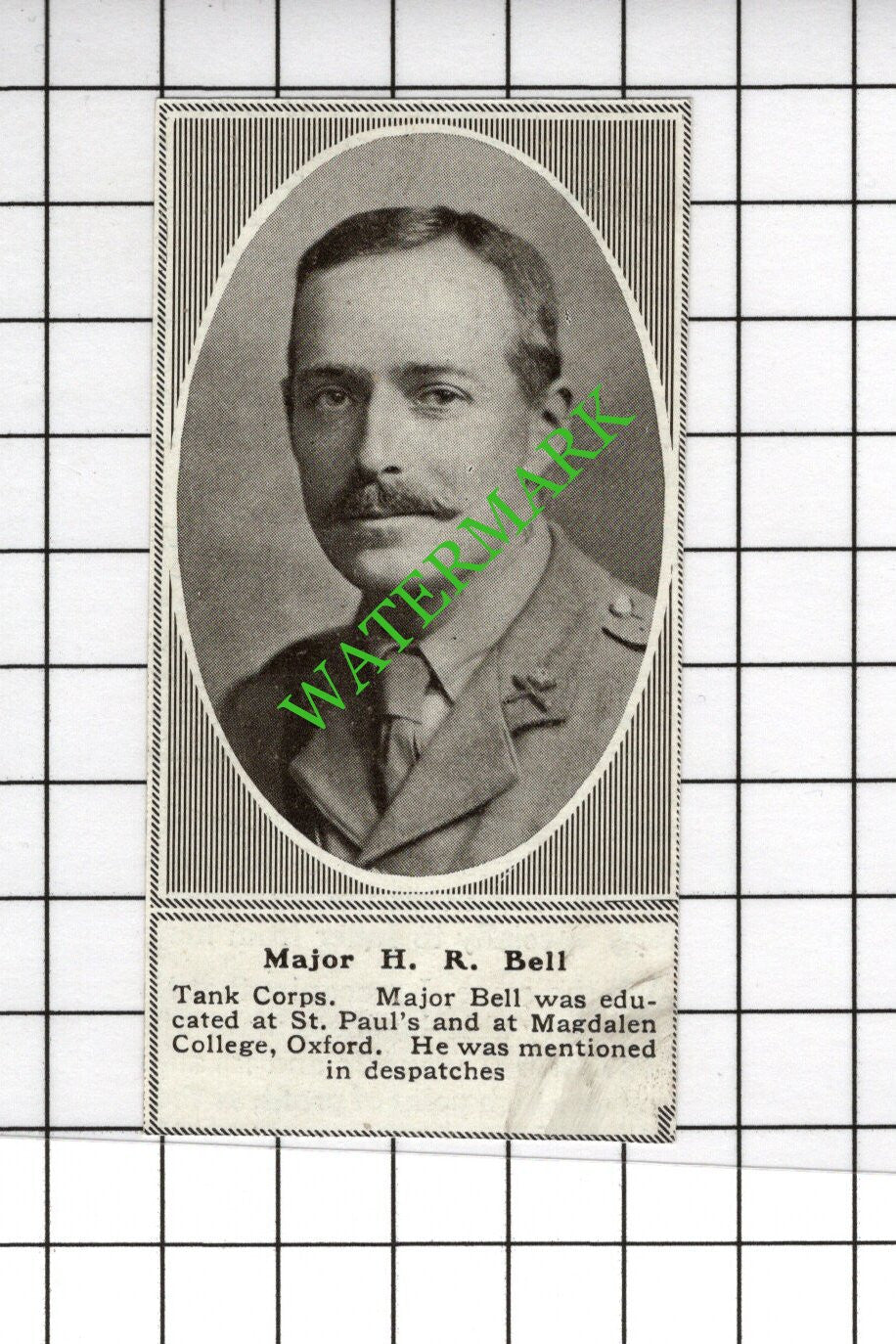 Major H R Bell Tank Corps Great War WW1 - 1918 SMALL Cutting
