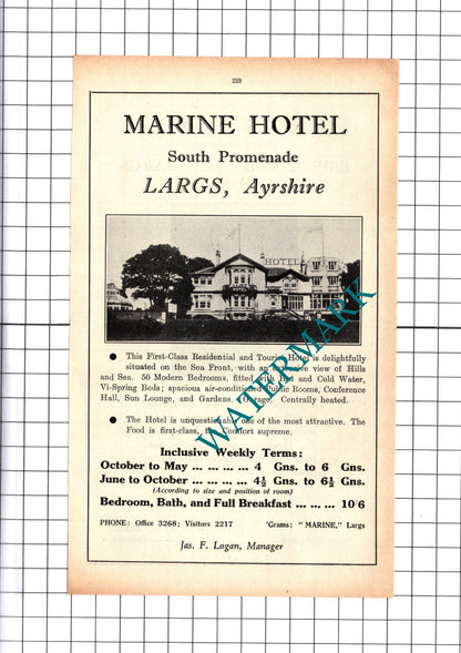 Largs Hotel Ayrshire Reed / Marine Hotel Largs Logan Advert - 1939 Cutting